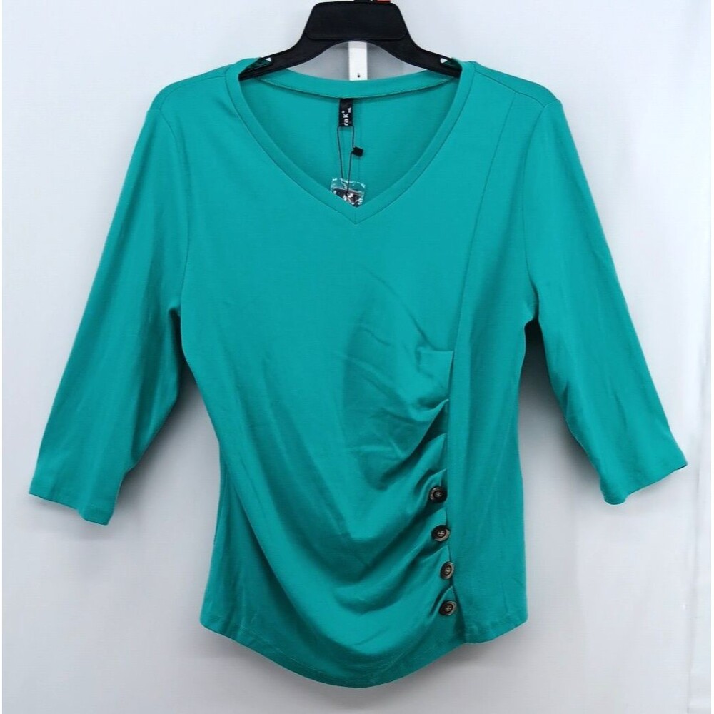 Allegra K Blouse Women Size XXL Teal 3/4 Sleeve V Neck Button Accent Top NWT